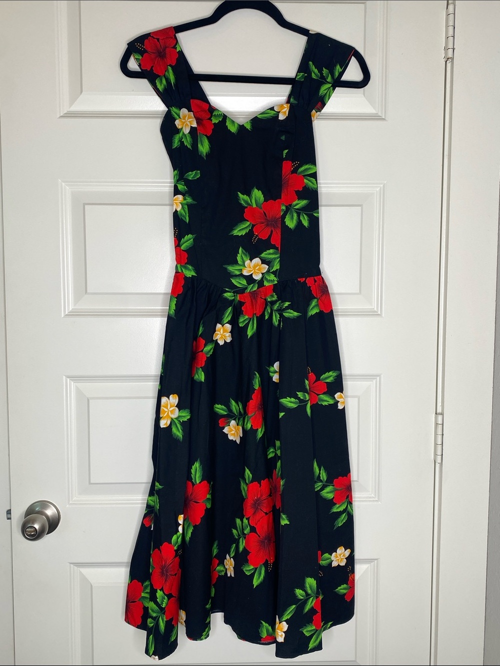 Floral Fit-and-Flare Midi Dress in Black with Red & Green Print